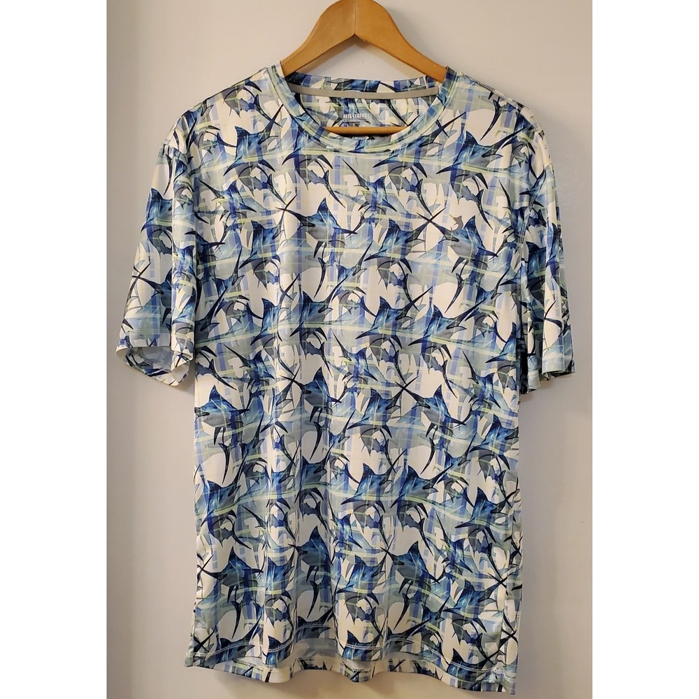 Reel Legends Fishing Shirt L Tarpon Print on Plaid White Blue Green Long Sleeve - Picture 4 of 7